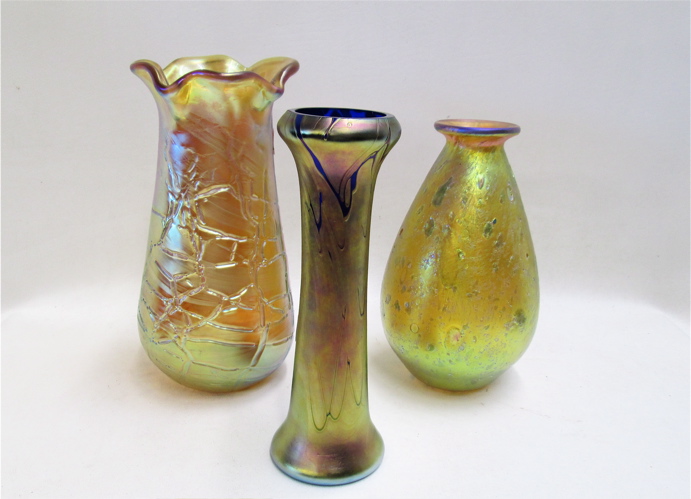 THREE IRIDESCENT ART GLASS VASES