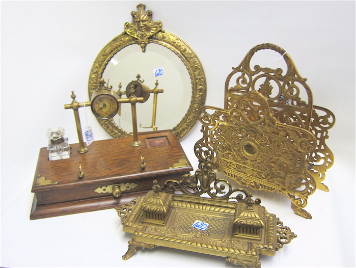 TWO INKSTANDS A LETTER HOLDER AND