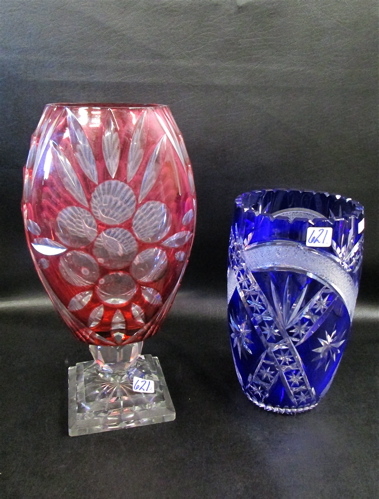 TWO CUT & COLORED CRYSTAL VASES