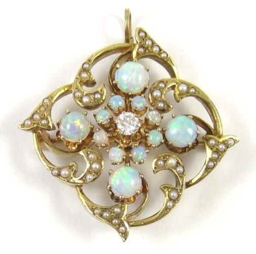 OPAL SEED PEARL AND DIAMOND PENDANT/BROOCH.