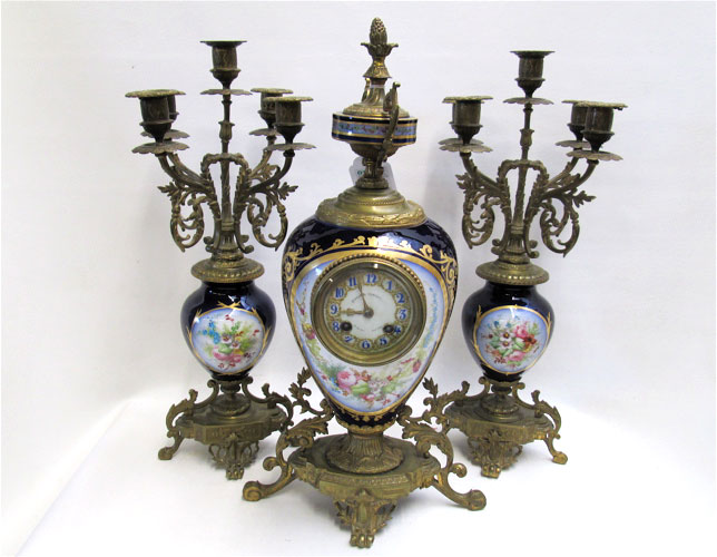 FRENCH ''SEVRES'' THREE PIECE CLOCK
