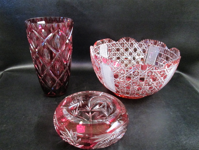 THREE CUT AND COLORED CRYSTAL TABLEWARE