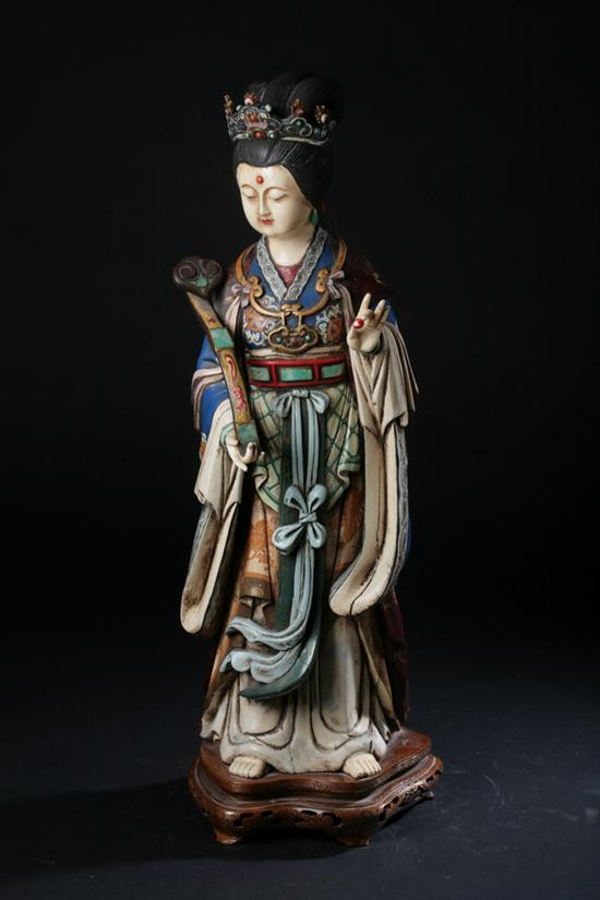 CHINESE IVORY AND POLYCHROME WOOD FIGURE