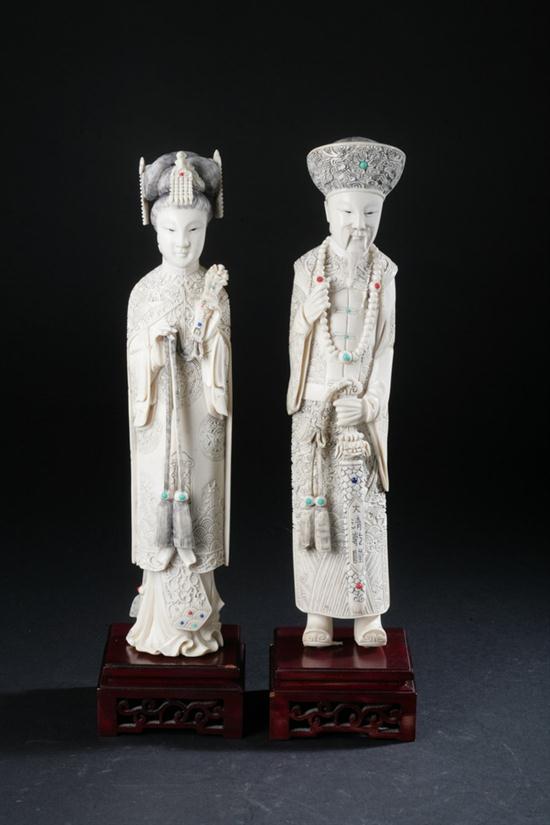 PAIR CHINESE IVORY FIGURES OF EMPEROR