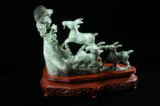 CHINESE APPLE GREEN AND GREY JADE FIGURES