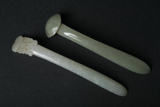 TWO CHINESE CELADON JADE HAIR PINS 17021a