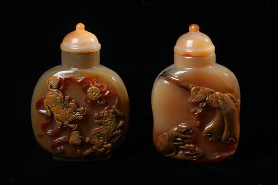 TWO CHINESE CAMEO AGATE SNUFF BOTTLES