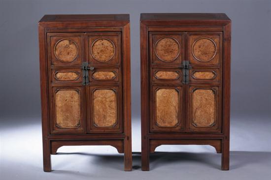 PAIR CHINESE BURL AND ELMWOOD CABINETS