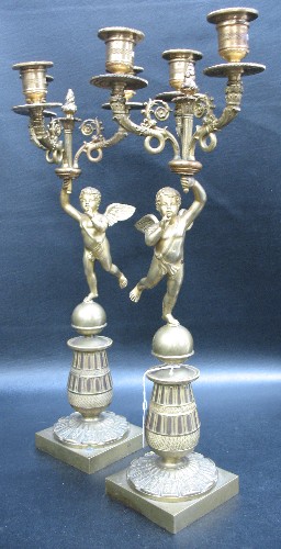 PAIR GILT METAL FIGURAL CANDELABRA