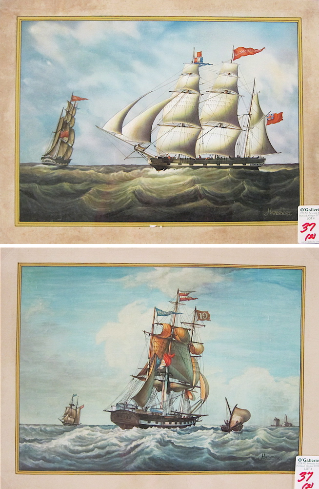 TWO TALL-MASTED SAILING SHIP WATERCOLORS