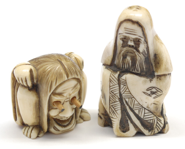 TWO IVORY CARVED NETSUKE stylized 17060c