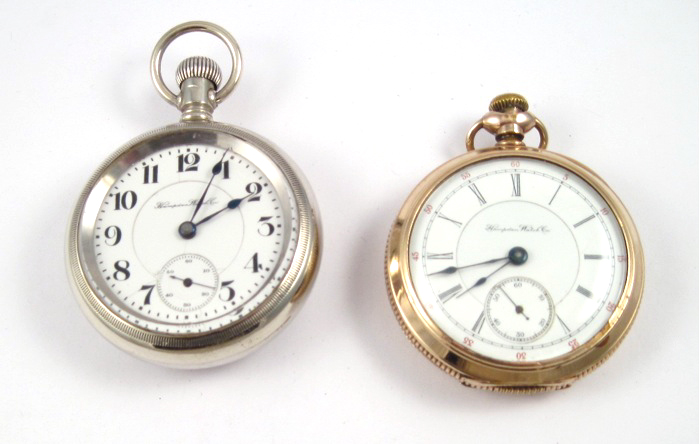 TWO HAMPDEN OPENFACE POCKET WATCHES: