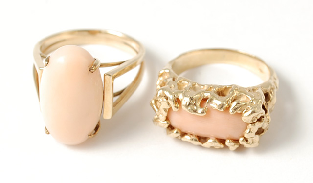 TWO PINK CORAL AND YELLOW GOLD