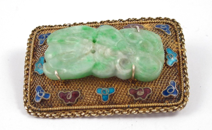 CHINESE CARVED JADE AND ENAMELED SILVER