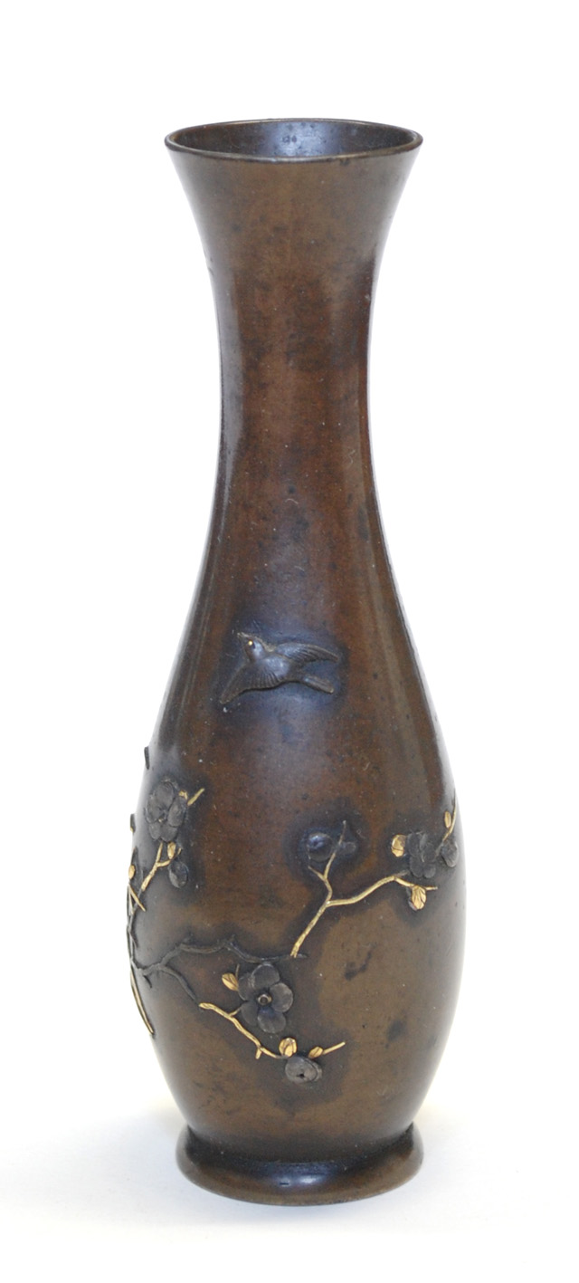 JAPANESE BRONZE BUD VASE overlaid