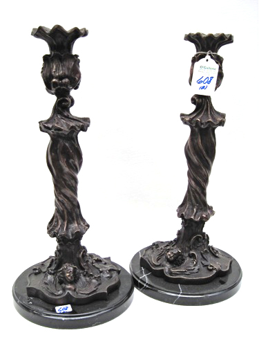 PAIR HEAVY BRONZED METAL CANDLE STICKS