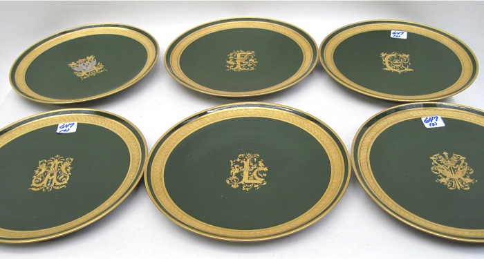 SIX FRENCH PORCELAIN PLATES green
