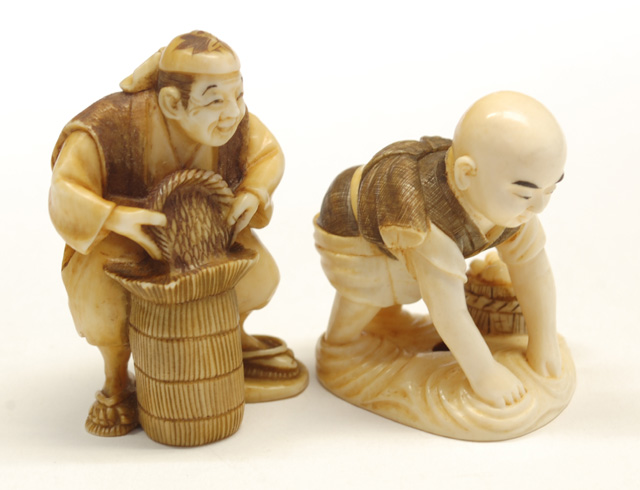 TWO IVORY CARVED NETSUKE bald headed 170766