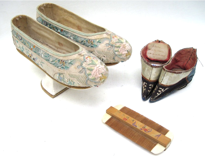 TWO PAIR CHINESE SHOES PLUS A BAMBOO 17079c