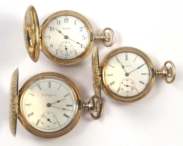 THREE ELGIN HUNTER CASE POCKET WATCHES: