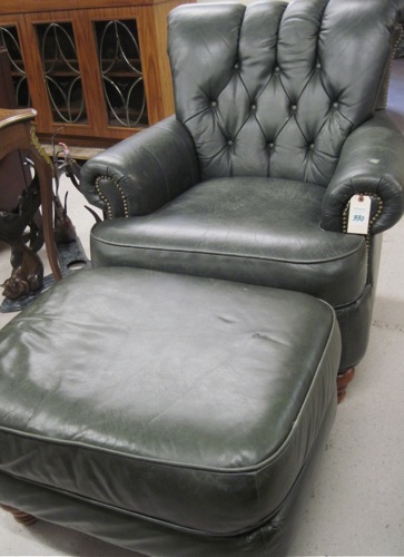 GREEN LEATHER EASY CHAIR AND MATCHING