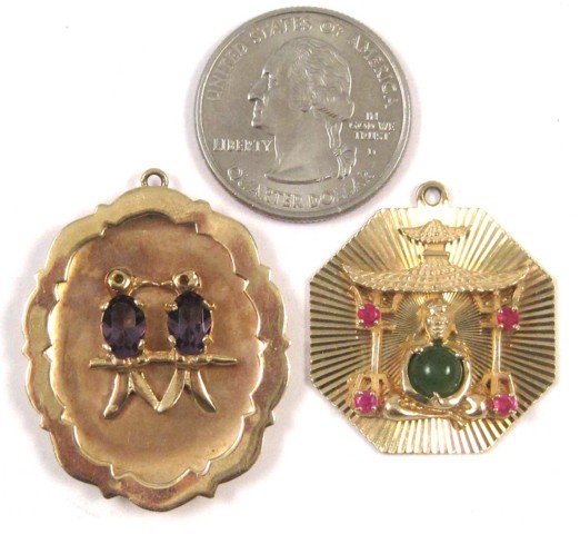 TWO YELLOW GOLD PENDANTS including