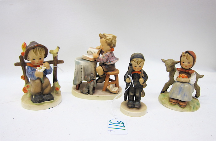 FOUR GERMAN HUMMEL PORCELAIN FIGURINES;