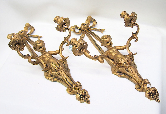 PAIR GILT METAL FIGURAL WALL CANDLE