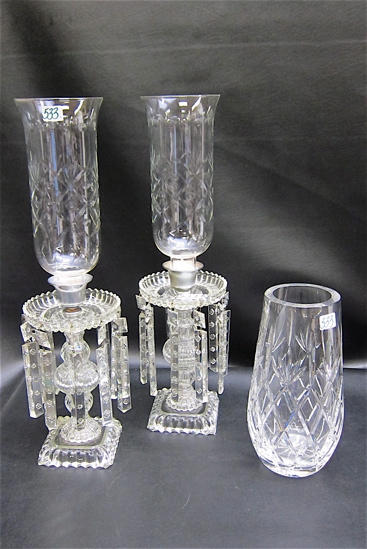 PAIR GLASS CANDLESTICK LUSTERS & CRYSTAL