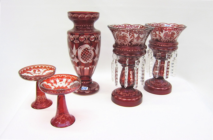 FIVE PIECES BOHEMIAN RUBY RED GLASSWARE: