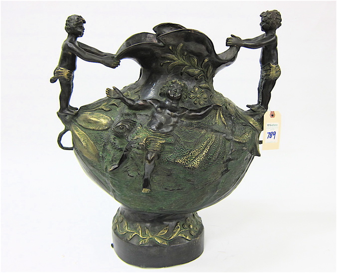 BRONZE FLOOR URN the footed ovoid