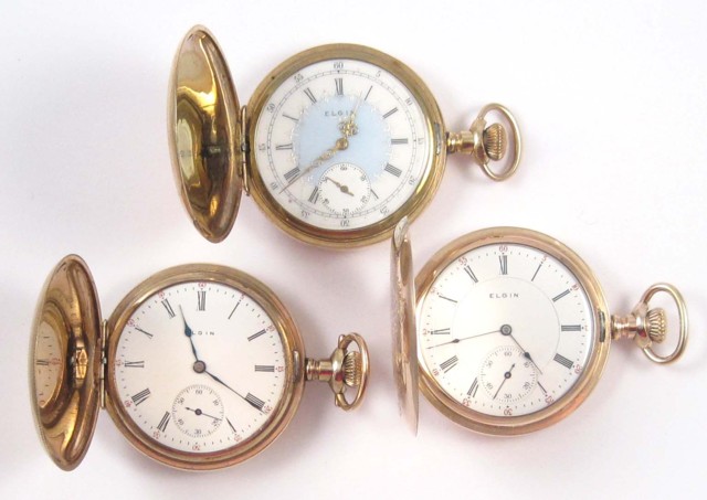 THREE ELGIN HUNTER CASE POCKET WATCHES: