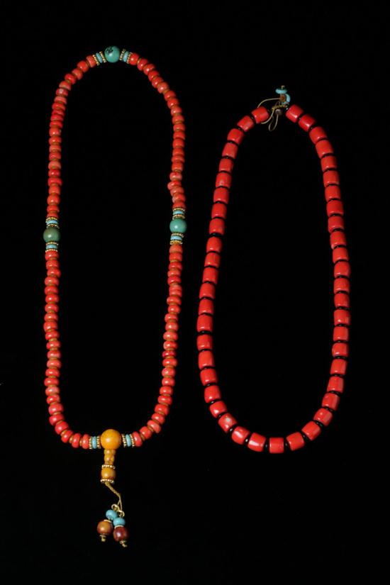 TWO CHINESE CORAL BEAD NECKLACES.
