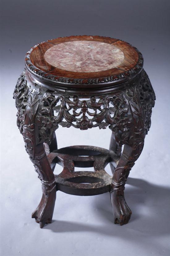 CHINESE MARBLE INSET WOOD STOOL.