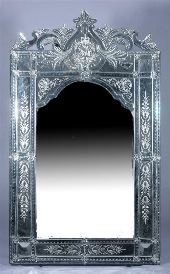 VENETIAN ETCHED GLASS WALL MIRROR.