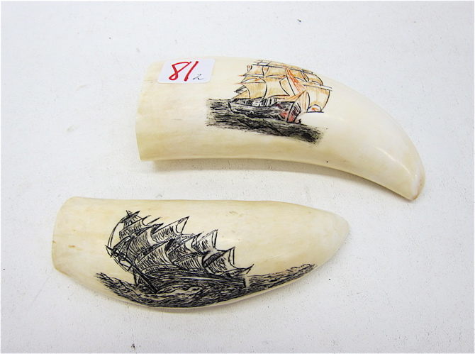 TWO SCRIMSHAW WHALE TEETH each 16e90c