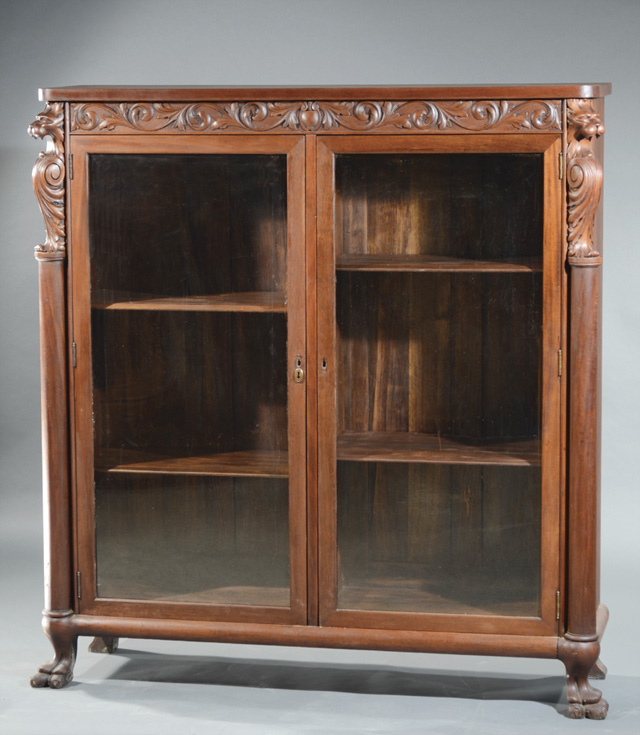 CARVED MAHOGANY CABINET BOOKCASE