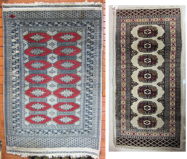 TWO HAND KNOTTED BOKHARA AREA RUGS
