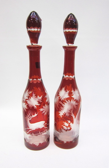 PAIR BOHEMIAN GLASS DECANTERS cut 16ea37