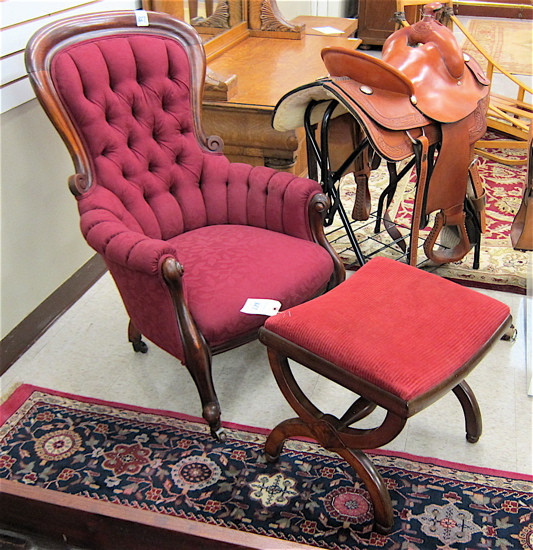 VICTORIAN ARMCHAIR AND FOOTSTOOL