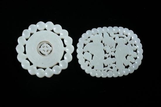 TWO CHINESE CELADON JADE RETICULATED