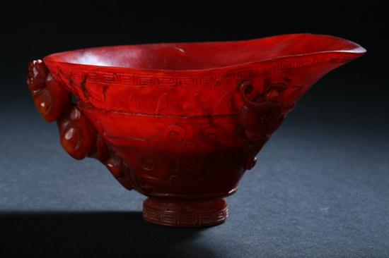 CHINESE HORN LIBATION CUP. Carved