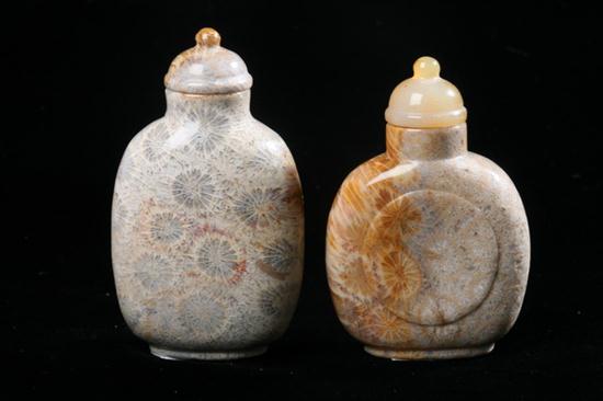 TWO CHINESE CORAL SNUFF BOTTLES.