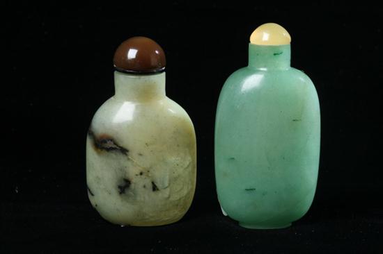 TWO CHINESE GREEN JADE SNUFF BOTTLES.