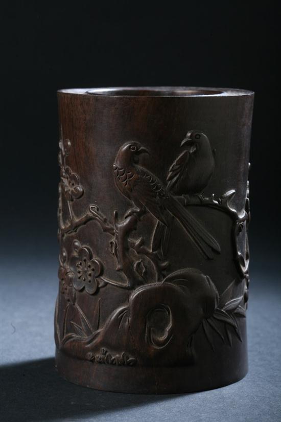 CHINESE ZITAN BRUSH HOLDER. Carved