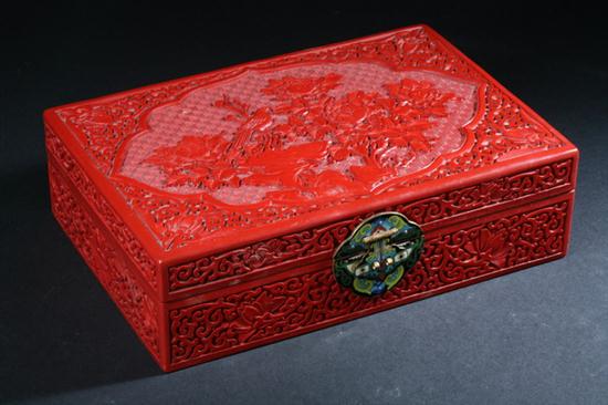 CHINESE CINNABAR BOX AND COVER.