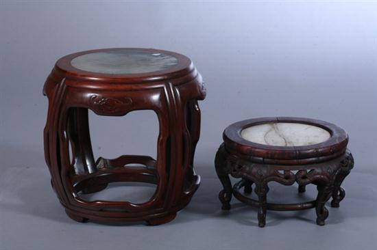 TWO CHINESE MARBLE INSET WOOD STOOLS  16ed46