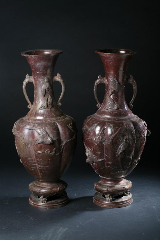 PAIR JAPANESE BRONZE VASES. Cast