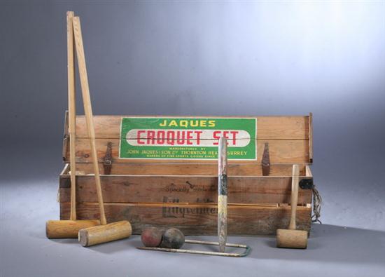 ENGLISH CROQUET SET WITH PINE BOX.