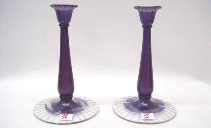 PAIR PAIRPOINT AMETHYST GLASS CANDLEHOLDERS 16eff9